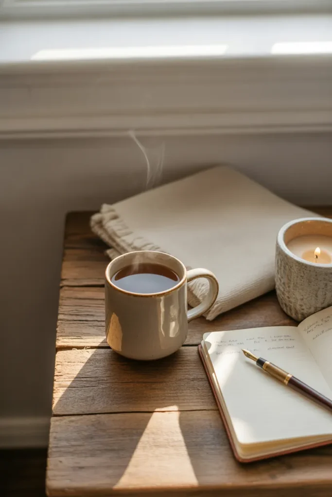 Cozy Sunday reset planning scene with tea notebook and candle