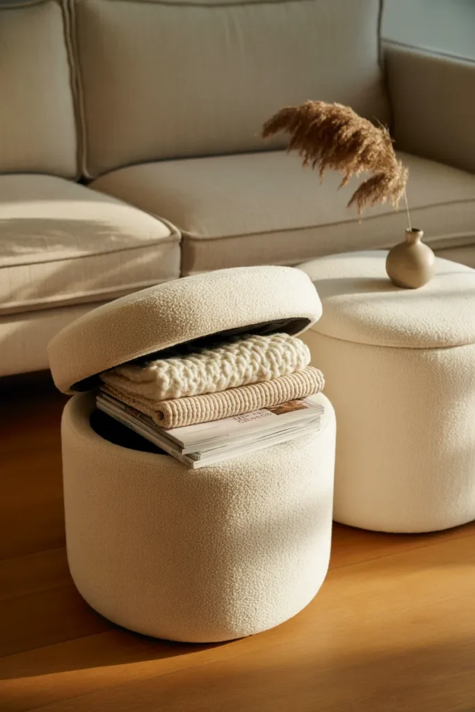 Cream boucle storage ottoman holding folded throws and magazines, a hidden storage solution for studio apartments.
