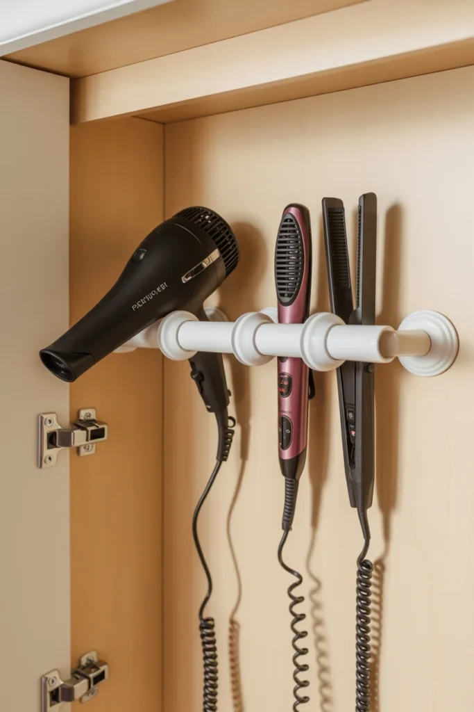 DIY PVC pipe hair tool organizer inside bathroom vanity cabinet holding hair dryer and curling iron