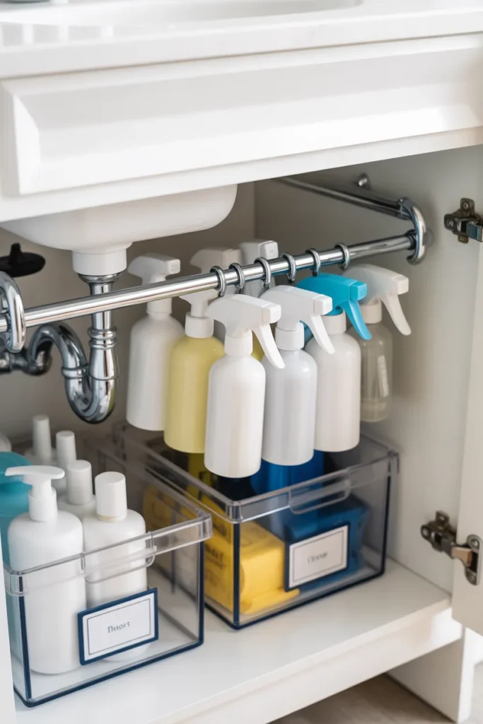 Damage free organization under sink using tension rod for apartment storage ideas budget friendly