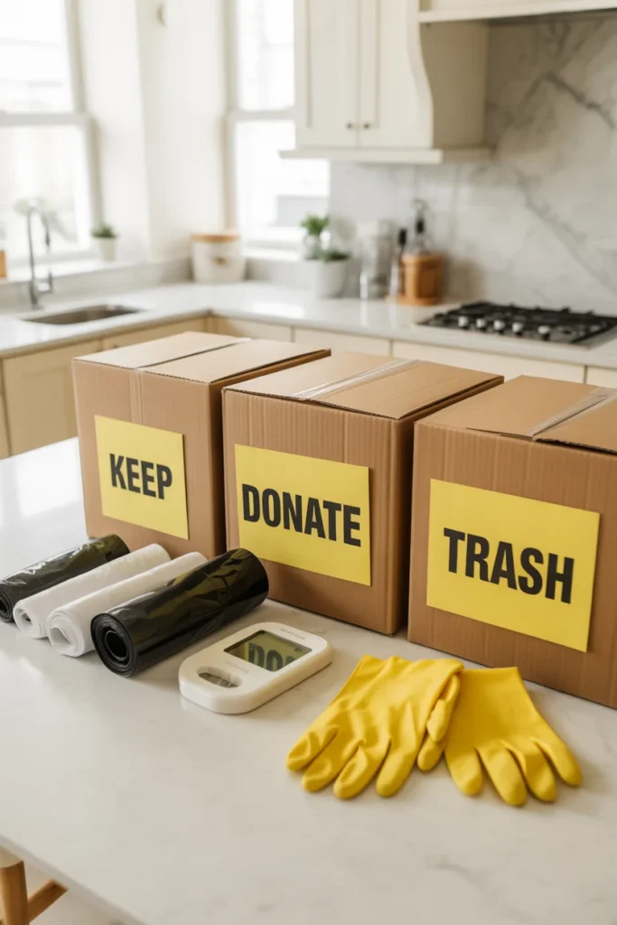 Declutter challenge supplies including labeled donation boxes and garbage bags ready for a 30 day decluttering calendar