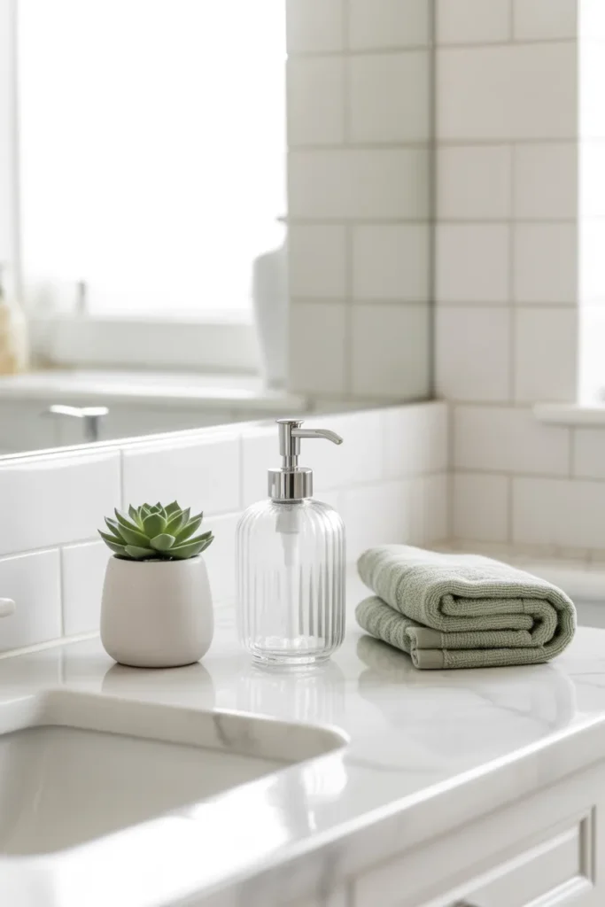 Decluttered bathroom counter — simple bathroom organization ideas for small spaces and renters.