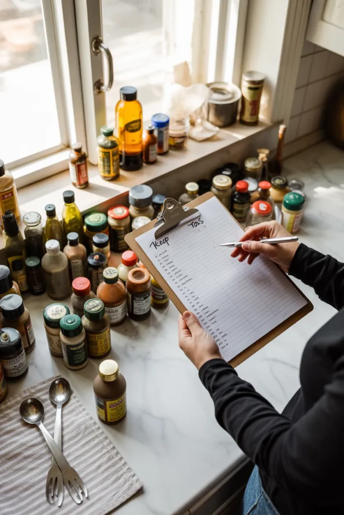 Decluttering expired spices on kitchen counter before starting spice rack organization