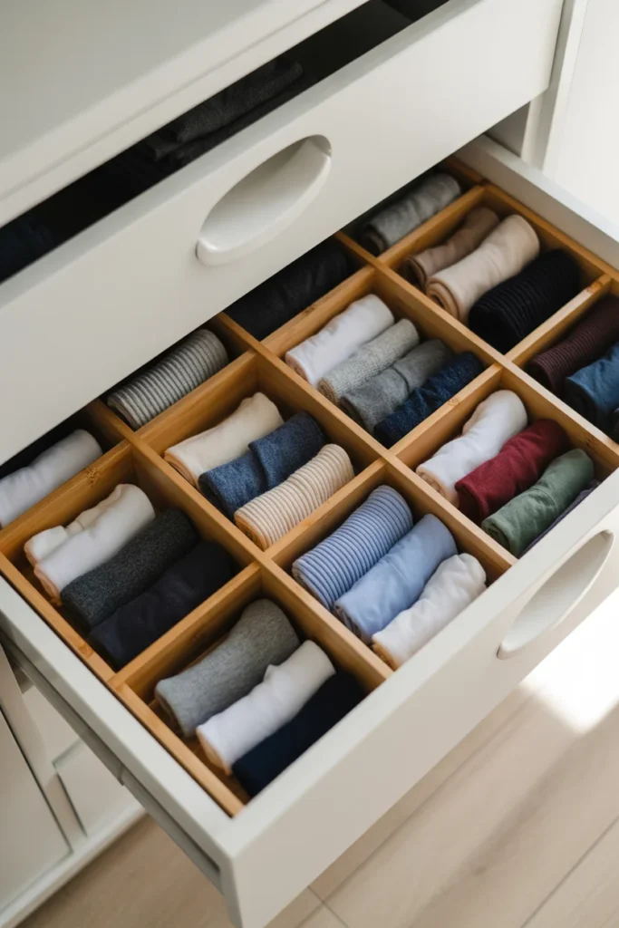 Drawer dividers organizing socks and accessories inside a small closet using KonMari folding