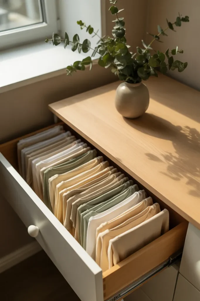 Dresser organization using the KonMari folding method with vertically folded t-shirts in drawer