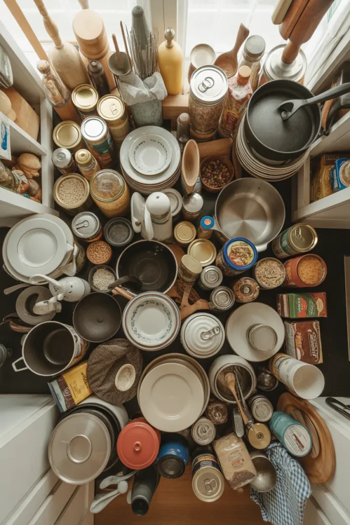  Empty kitchen cabinets and sort items into piles before organizing