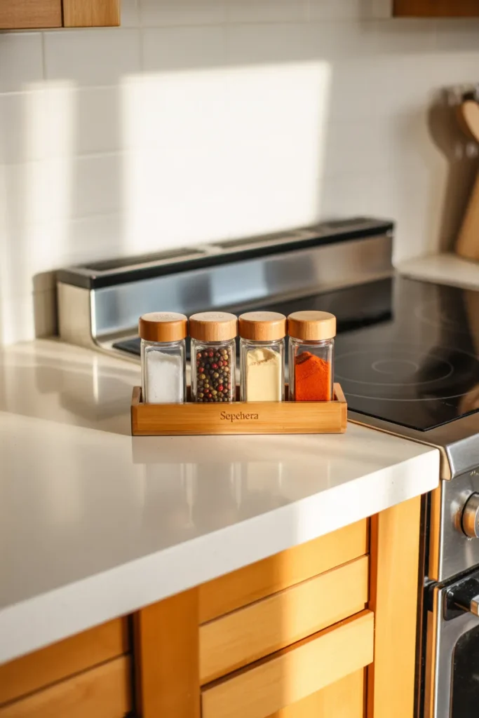  Everyday spice tray with most used jars sitting beside stove for easy cooking access