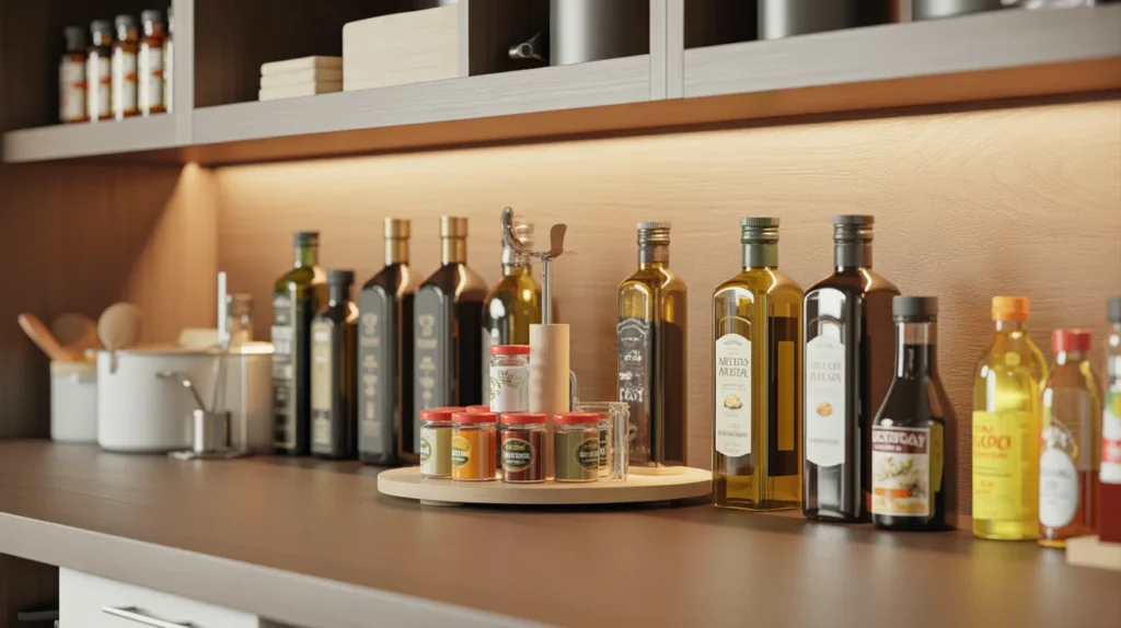 Eye-level pantry prep zone shelf with cooking oils, spices on a turntable, and everyday essentials for quick meal preparation