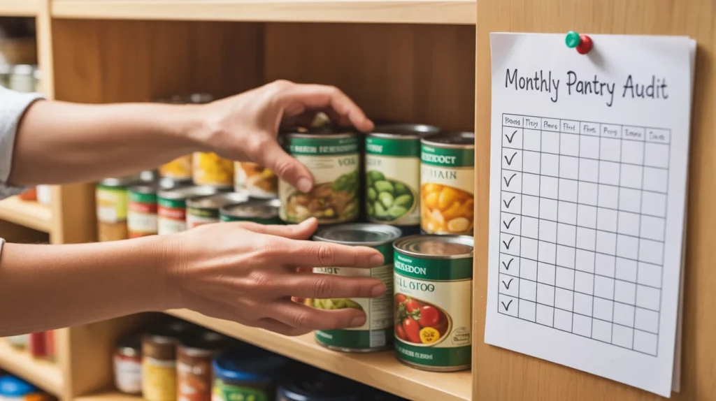 FIFO food rotation method in an organized pantry with newer cans placed behind older ones to reduce food waste