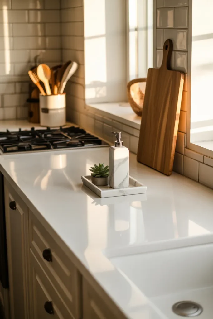  Final clutter free kitchen countertop organization with marble tray and utensil crock