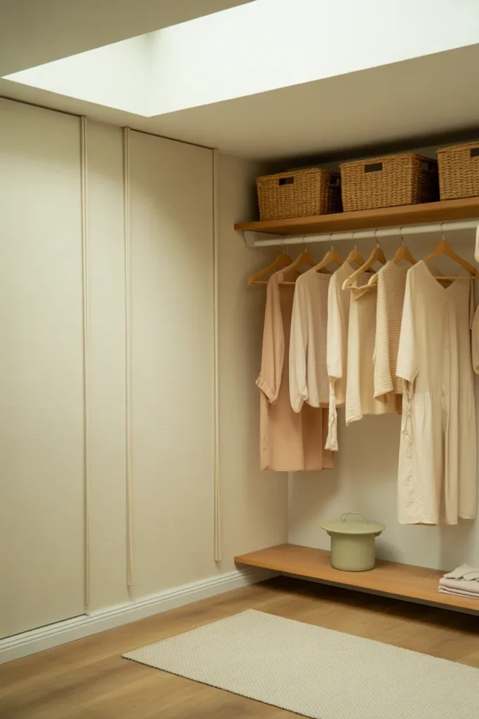 Finished organic modern closet makeover before and after with grasscloth wallpaper and oat velvet hangers