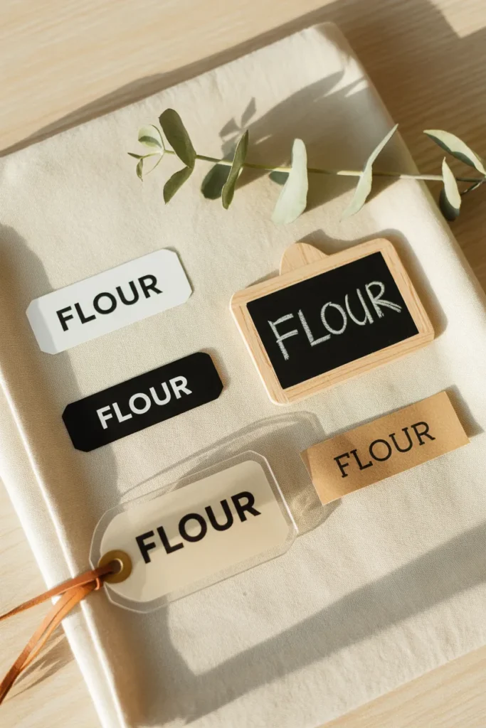 Five pantry label types compared paper, vinyl, chalkboard, acrylic, and kraft sticker on cream linen.