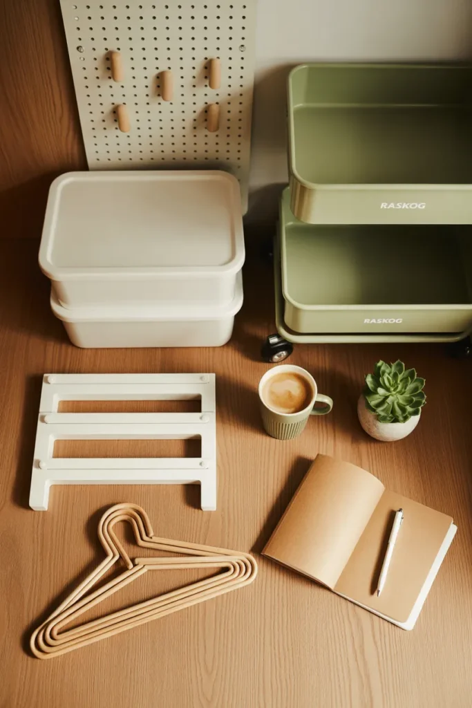 Flat lay of best IKEA organizers including Kallax, Raskog, Skadis, and Sockerbit for home organization ideas