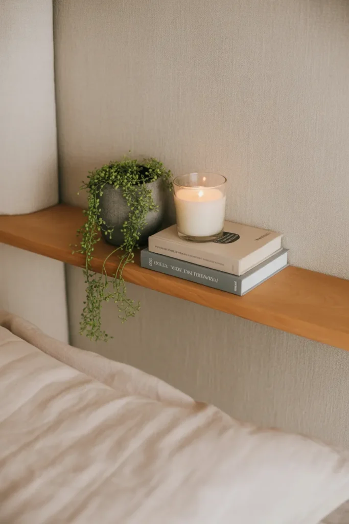 Floating shelf bedroom storage idea with plant candle and books for minimalist organized bedroom