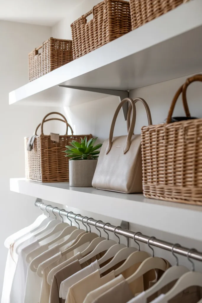 Floating shelves above closet rod storing handbags and baskets in organized small closet
