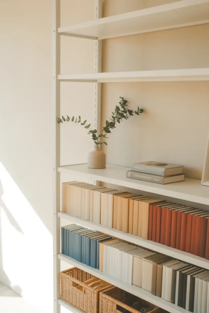 Floor-to-ceiling white bookshelf styled with baskets, books, and ceramics in a small studio apartment.