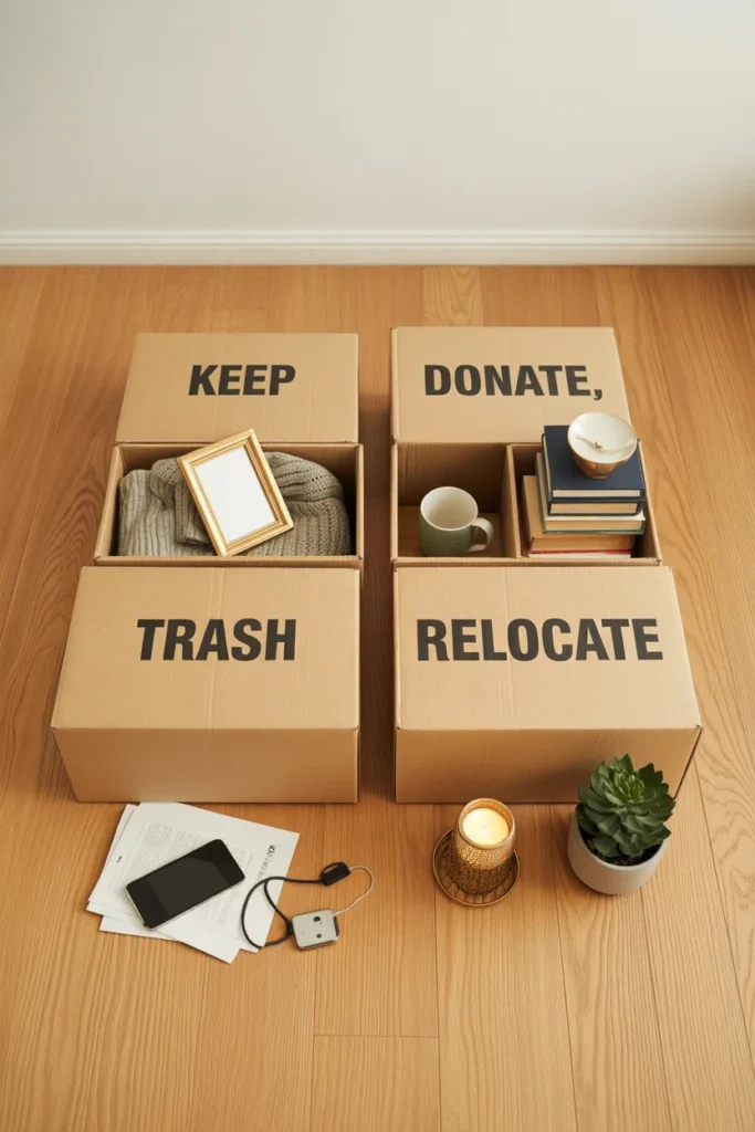 Four-box decluttering method with keep donate trash and relocate bins for sorting household items