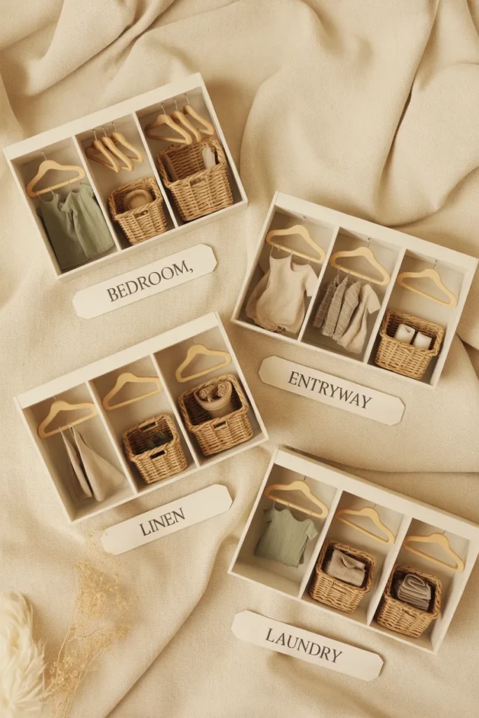Four closet makeover ideas side by side for bedroom, entryway, linen, and laundry closets