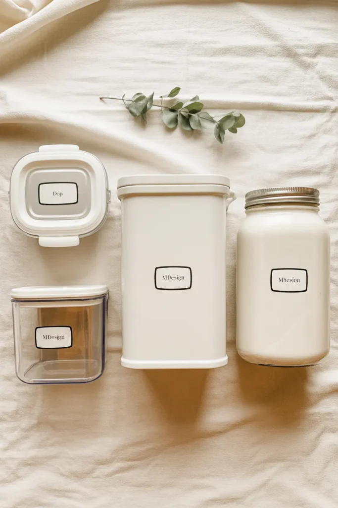 Four pantry container sizes with proportionally sized labels showing correct label-to-bin ratio.