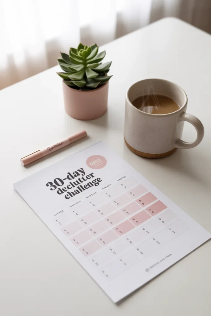 Free printable 30 day declutter challenge calendar on a clean white desk with a coffee mug and highlighter