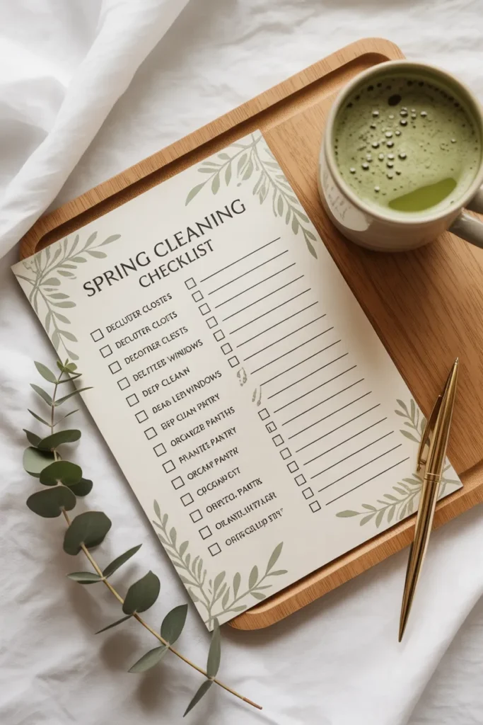  Free printable spring cleaning checklist room by room PDF mockup on wooden desk