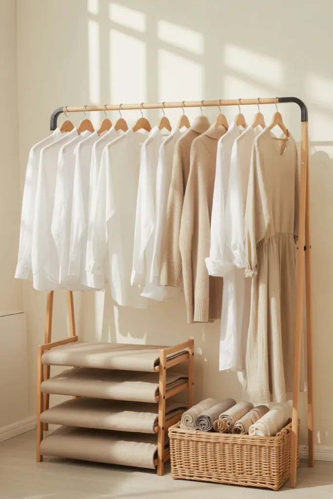 Freestanding clothing rack with neutral clothes and fabric drawers below, a no-closet studio apartment organization solution.