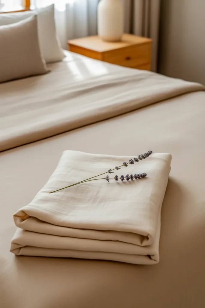 Fresh clean bed sheets after Sunday laundry reset routine with folded throw and lavender on pillow