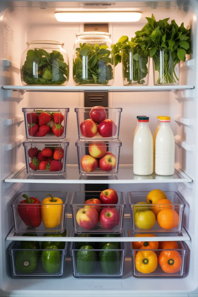 Fridge organization aesthetic — Pinterest-worthy organized refrigerator with uniform glass containers, color-grouped produce, and matching clear bins