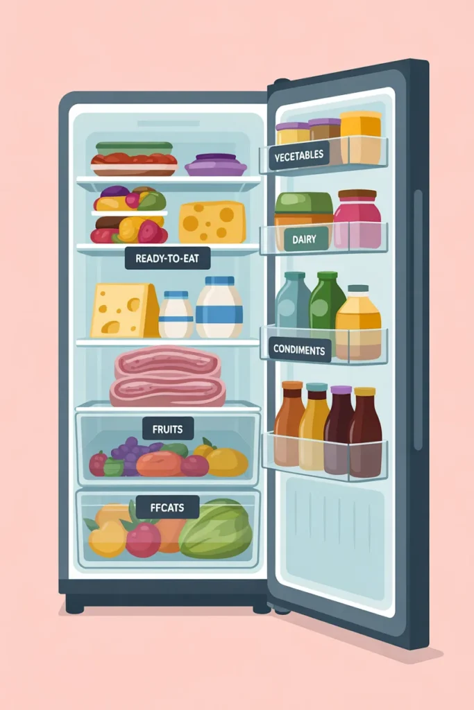 Fridge organization zone guide — infographic showing where to store dairy, raw meat, produce, and condiments in your refrigerator
