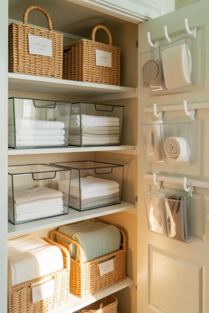 Fully organized linen closet with seagrass baskets, labeled clear bins, and a hanging door organizer.