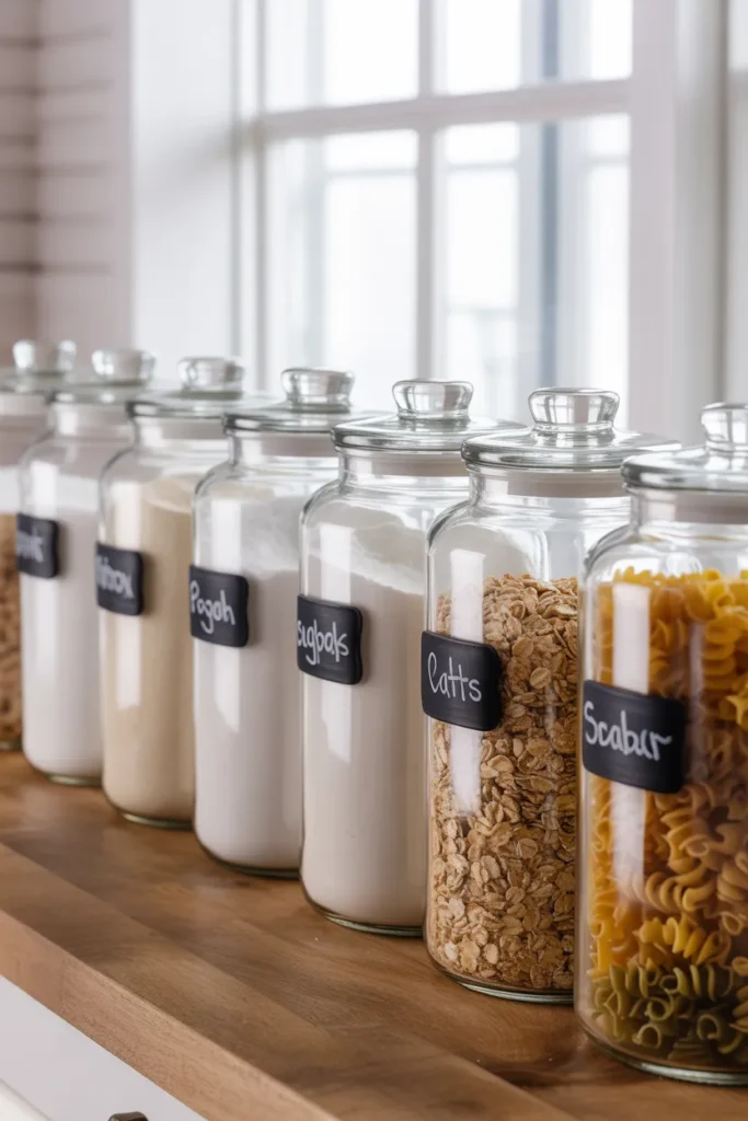 Group similar pantry items in clear glass jars for kitchen cabinet organization