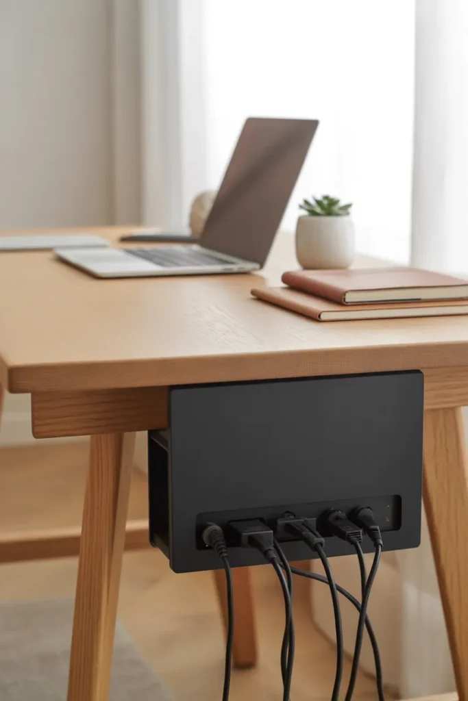 Home office cable management box from Amazon hiding tangled cords under a minimalist work-from-home desk setup.