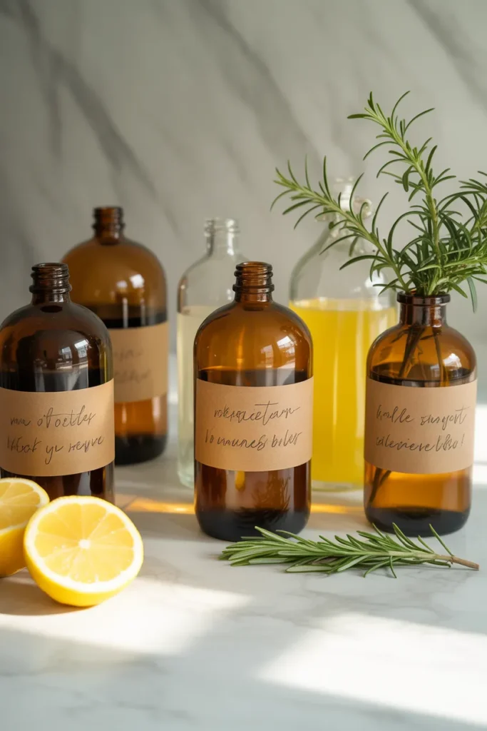 Homemade natural cleaning solutions in amber glass bottles with lemon and rosemary