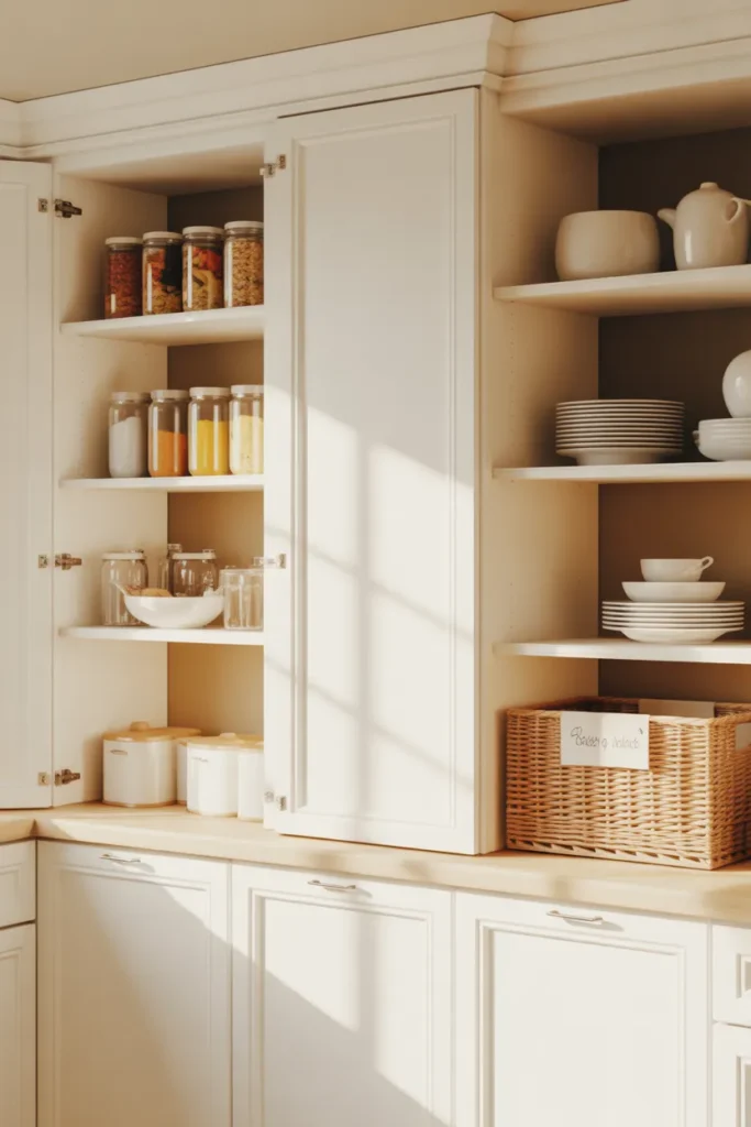 How to organize kitchen cabinets step by step with clear jars and labeled baskets