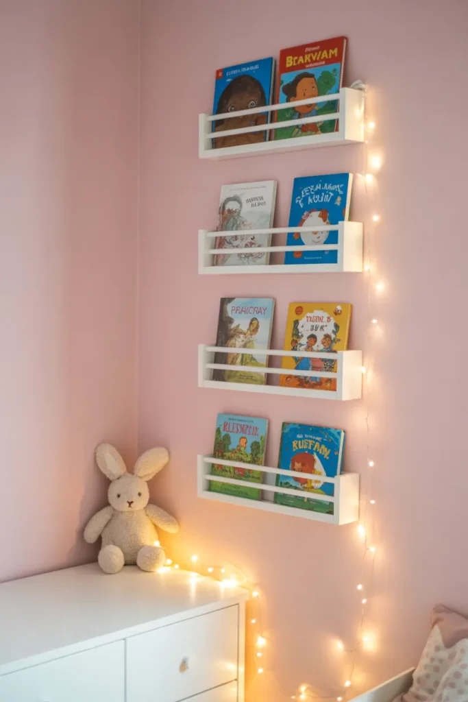 IKEA Bekvam spice rack hack turned into kids book shelf for bedroom organization ideas