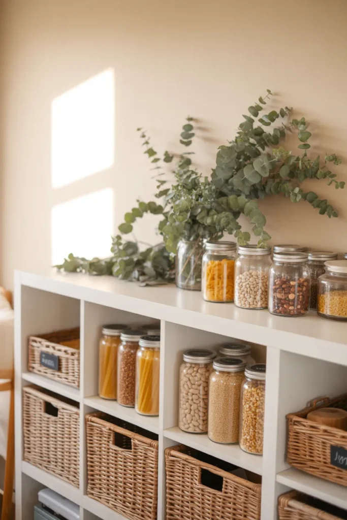  IKEA Kallax pantry storage hack with glass jars and rattan baskets for kitchen organization ideas