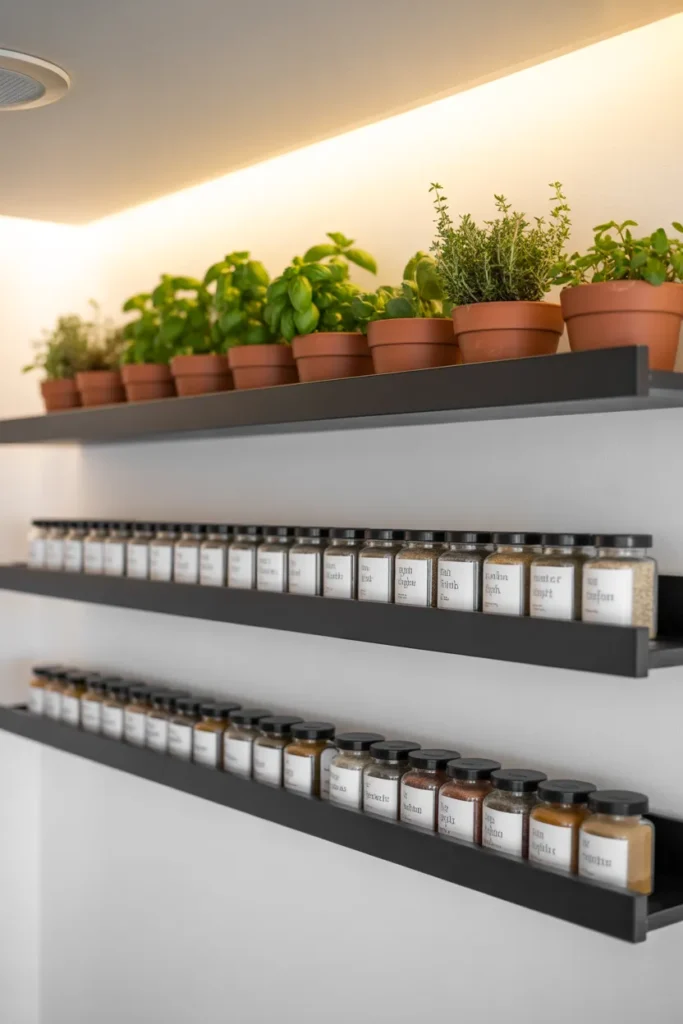IKEA Mosslanda picture ledge pantry spice storage hack with uniform glass jars