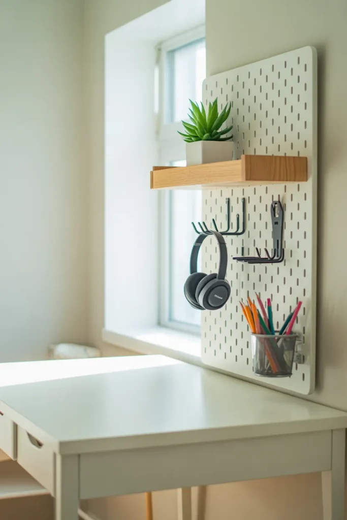  IKEA Skadis pegboard home office organization idea with hooks, shelves, and plant accessories