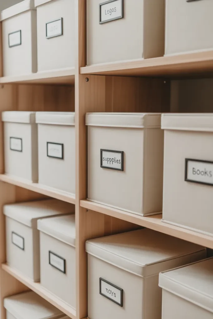 IKEA Sockerbit boxes kids closet organization hack with labeled white storage bins