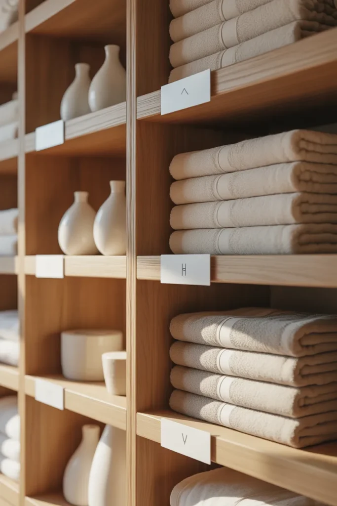 Japandi style linen closet with light oak shelving, oatmeal towels, and ceramic storage vessels.