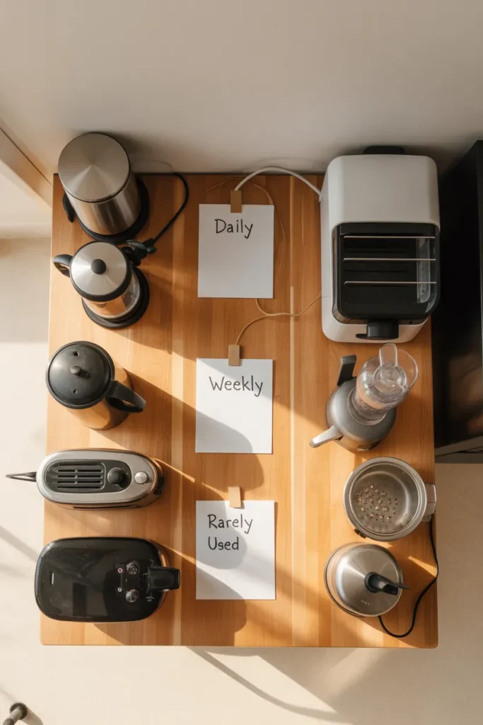 Kitchen counter declutter sorting three groups daily weekly and rarely used items