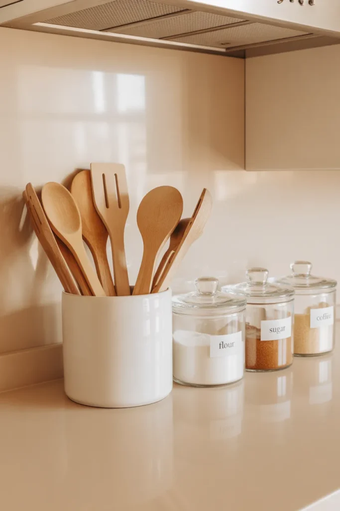 Kitchen countertop organization with utensil crock and labeled glass canisters