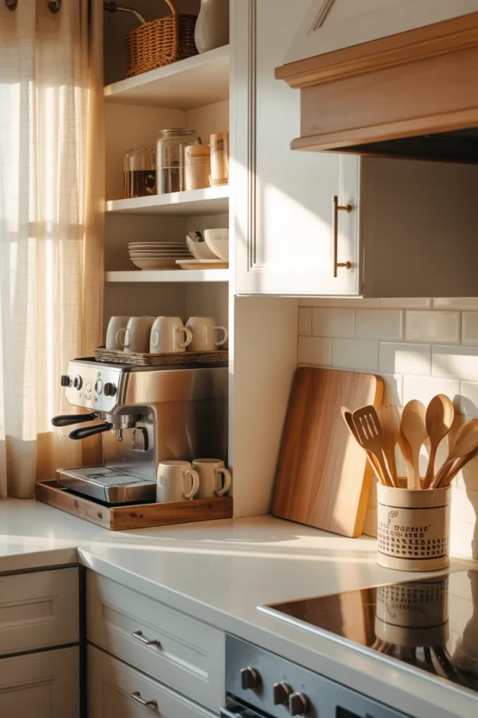 Kitchen countertop zones coffee station cooking zone and prep area organization idea