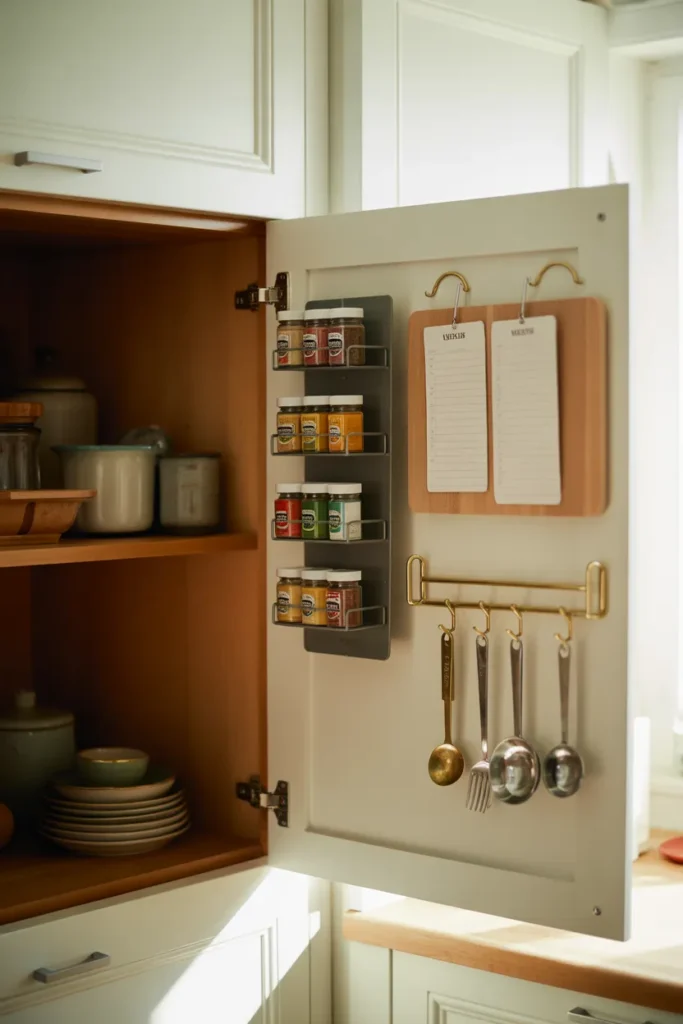 Kitchen storage hacks using the inside of cabinet doors for spices and tools