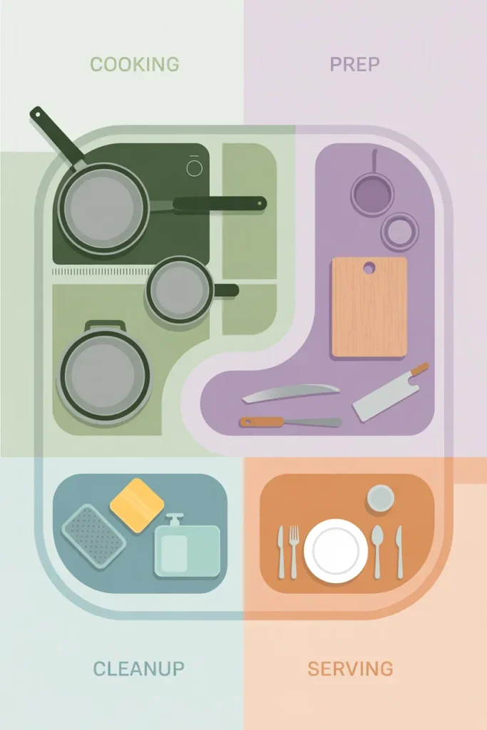 Kitchen zone planning diagram for organizing cabinets by function