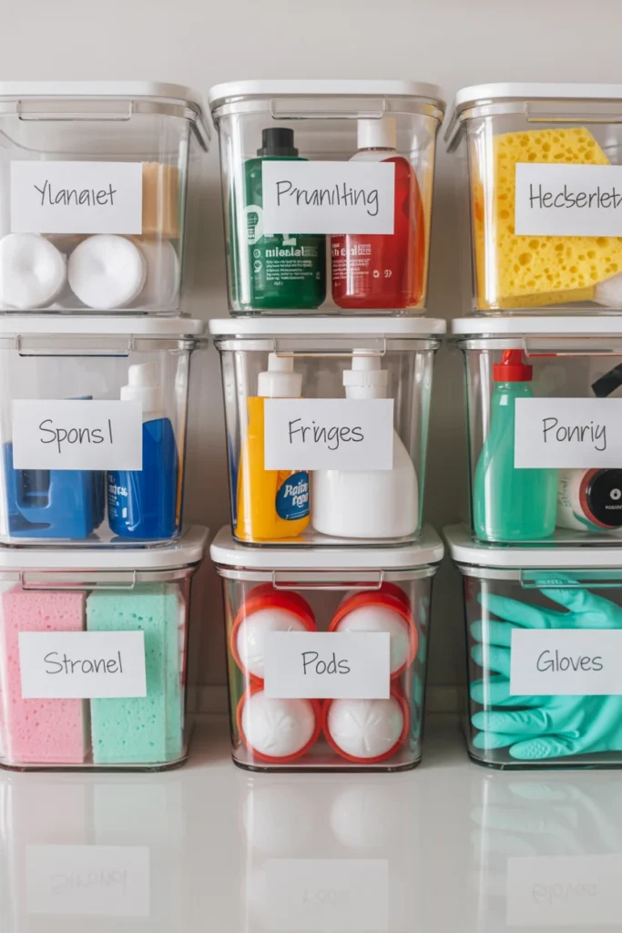 Labeled clear containers for under sink organization holding sponges, dishwasher pods, and cleaning gloves