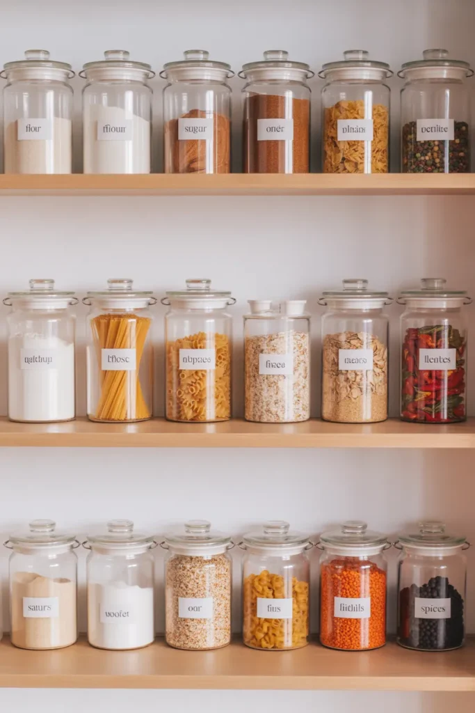 Labeled clear glass jars for pantry and kitchen cabinet organization
