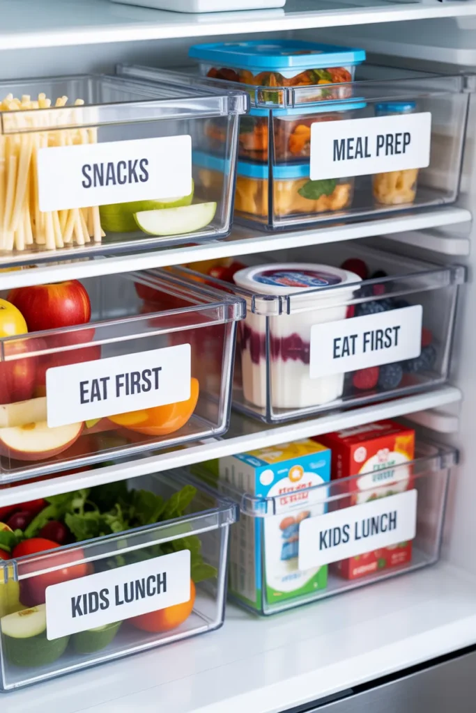 Labeled fridge organization bins — aesthetic refrigerator organization ideas with clear bins labeled Snacks, Meal Prep, and Eat First