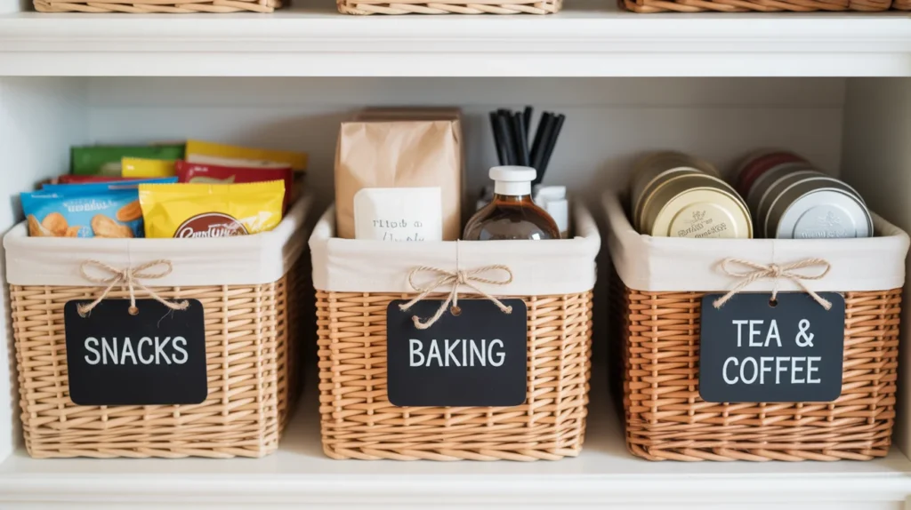 Labeled woven baskets organizing pantry snacks, baking supplies, and tea for a clutter-free small pantry makeover