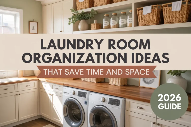Laundry room organization ideas featured image showing a bright modern farmhouse laundry room with white cabinets, woven baskets, and labeled glass jars for space saving storage.